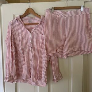 Pink Striped Button-Up Shirt and Shorts Set